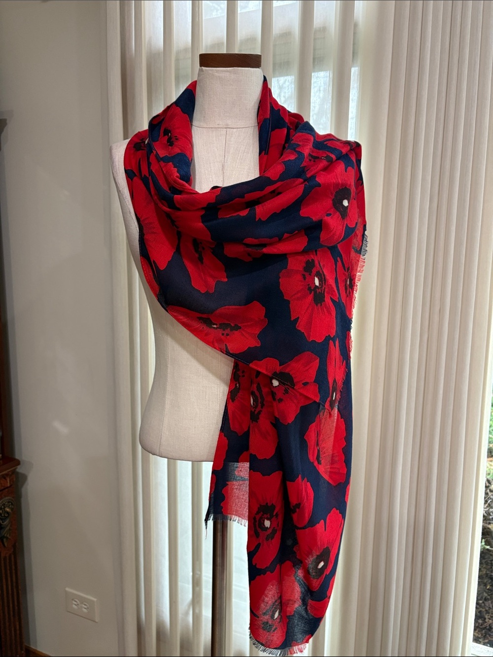 Red Poppy Print Scarf Wrap on Navy fringe edges bold floral